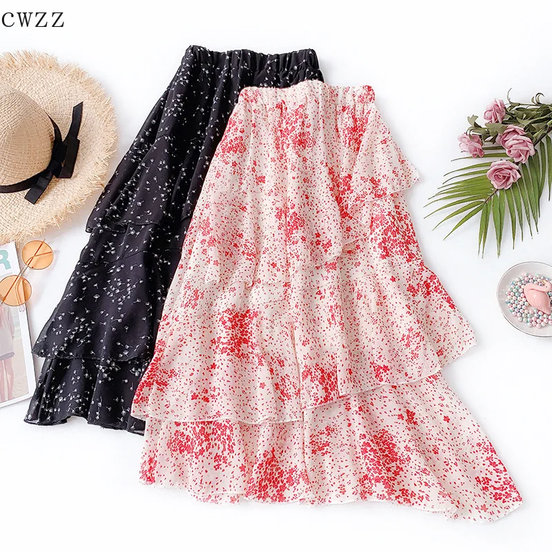 

2019 long skirts for women chiffon Ruffle korean skirt Floral Fishtail skirt streetwear tweed skirt