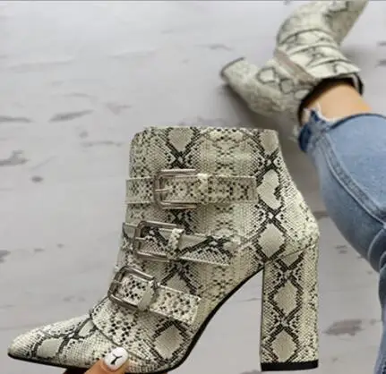

New 2019 Spring Woman Python Snake Skin Pointed Toe Buckles Rough Heels Short Boots Zipper High Heel Ankle Boots Lady