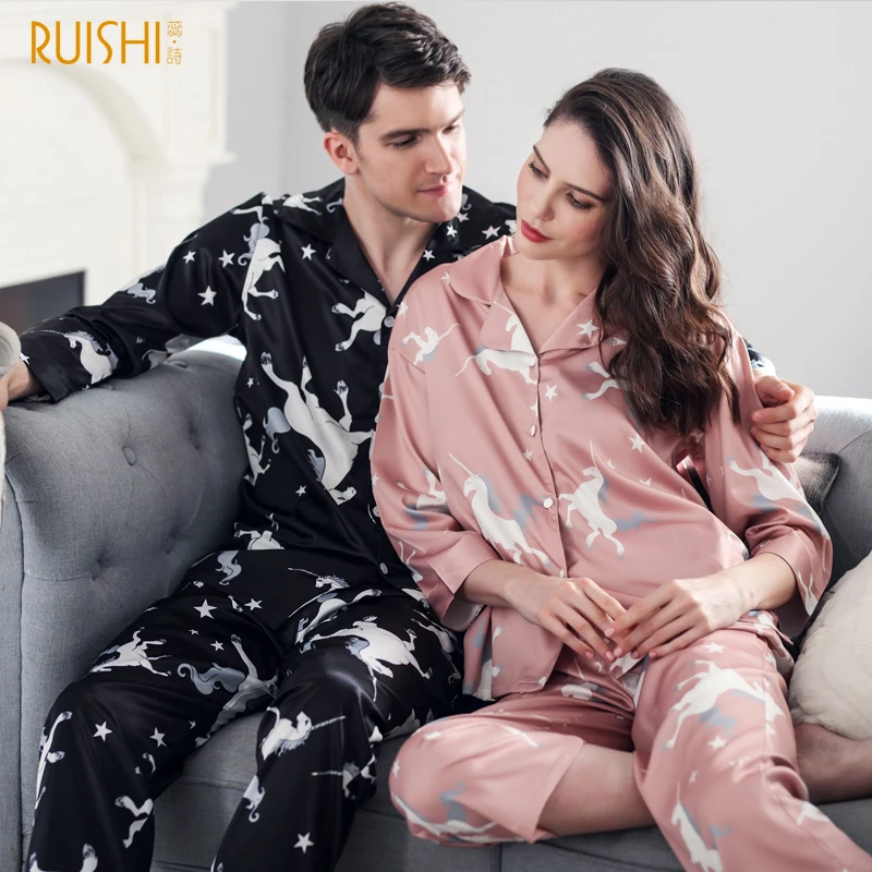 J&Q new couples matching pajama lingerie sleepwear men and women matching pajamas soft satin