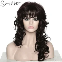 Similler длинные объемные волнистые пушистые косая челка синтетические парики для женщин темно-коричневые термостойкие с бесплатной сеткой для волос