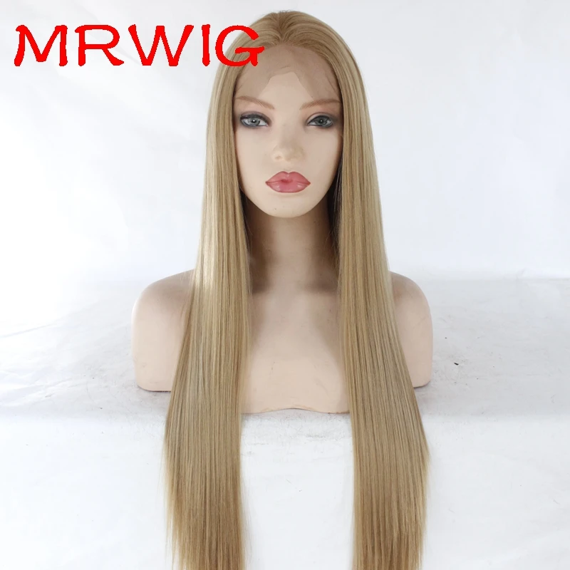 

MRWIG 26in 150%density 27#blonde long straight synthetic lace front free part wig combs&straps