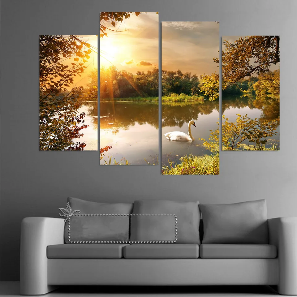 

Painting Wall Art Abstract Decorative 4 Panel Ocean Park Swan Framework Canvas Modular Pictures For Living Room Bedroom Prints
