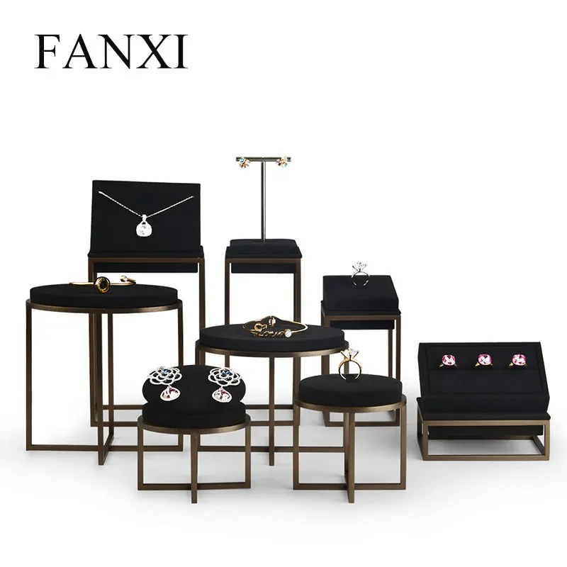 

FANXI New Metal Jewelry Display Stand Set Ring Necklace Bracelet Display Holder Shelf with Leather Jewelry Organizer Showcase