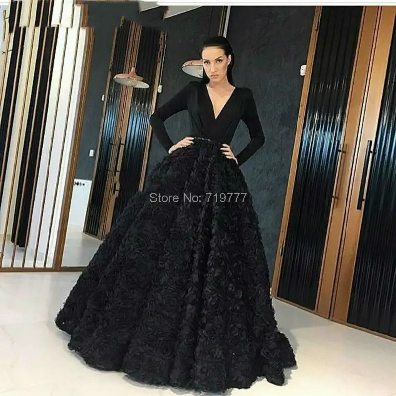 Unique-2017-Vestido-Longo-De-Festa-Black-Rose-Flower-Formal-Evening-Dresses-Deep-V-neck-Full