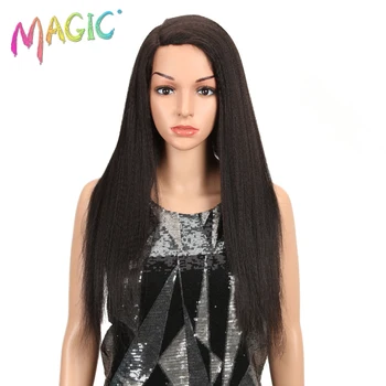 

Magic Hair 150% Density Women 28"Inches Lace Front Wig Natural Color Yaki Straight Heat Resistant Synthetic Hair Costume Wigs