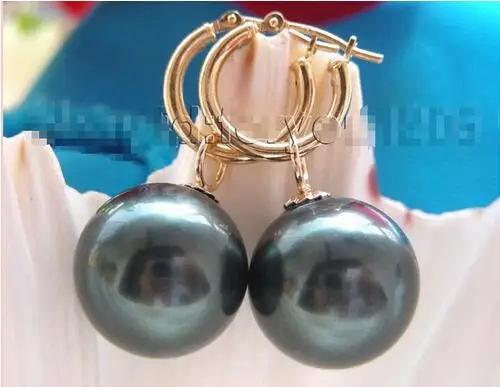 

Free Shipping Natural 16mm Tahiti Black Sea Shell Pearl Earrings