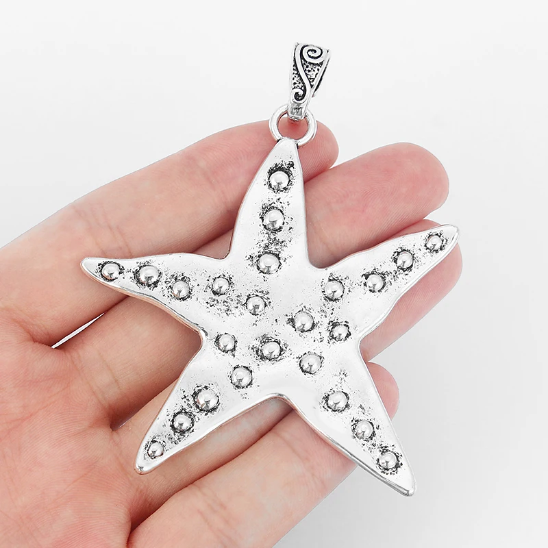 

3pcs Antique Silver Large Starfish Sea Star Pendants With Small Beads Charms DIY Jewelry Making Findings 75x73mm