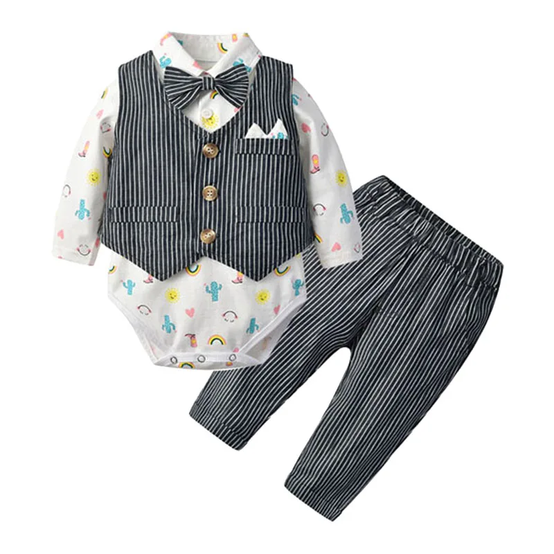 

Baby Boys Gentleman Outfit Suits,Toddler Infant Long Sleeve Onesies+Gray Pant+Bowtie+Vest Kids Baby Clothing Set