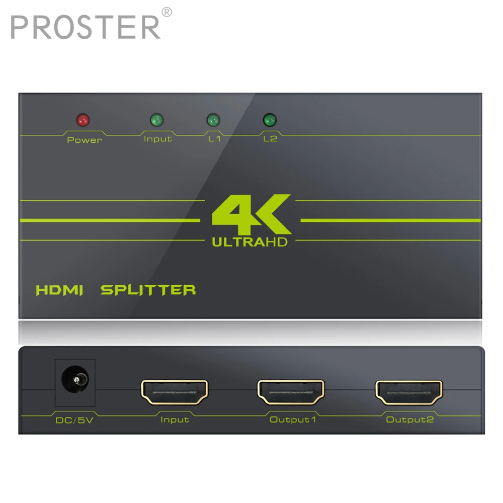 

PROSTER 2k 4K HDMI Splitter Support Dolby AC3 DTS Signal Retiming Amplifier 1 in 2 out Converter 1X2 Hdmi switch Hub Repeater