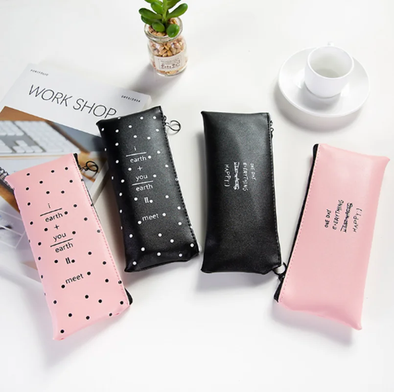 

Simple Style Solid Dot New Pen Pencil Bag Canvas School Stationary Receive Makeup Pouch Cosmetics Case