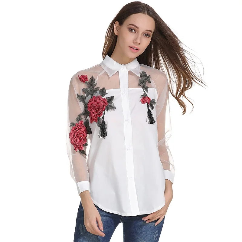 2018 Autumn Organza Shirt Blouse Fashion Vintage Floral splice
