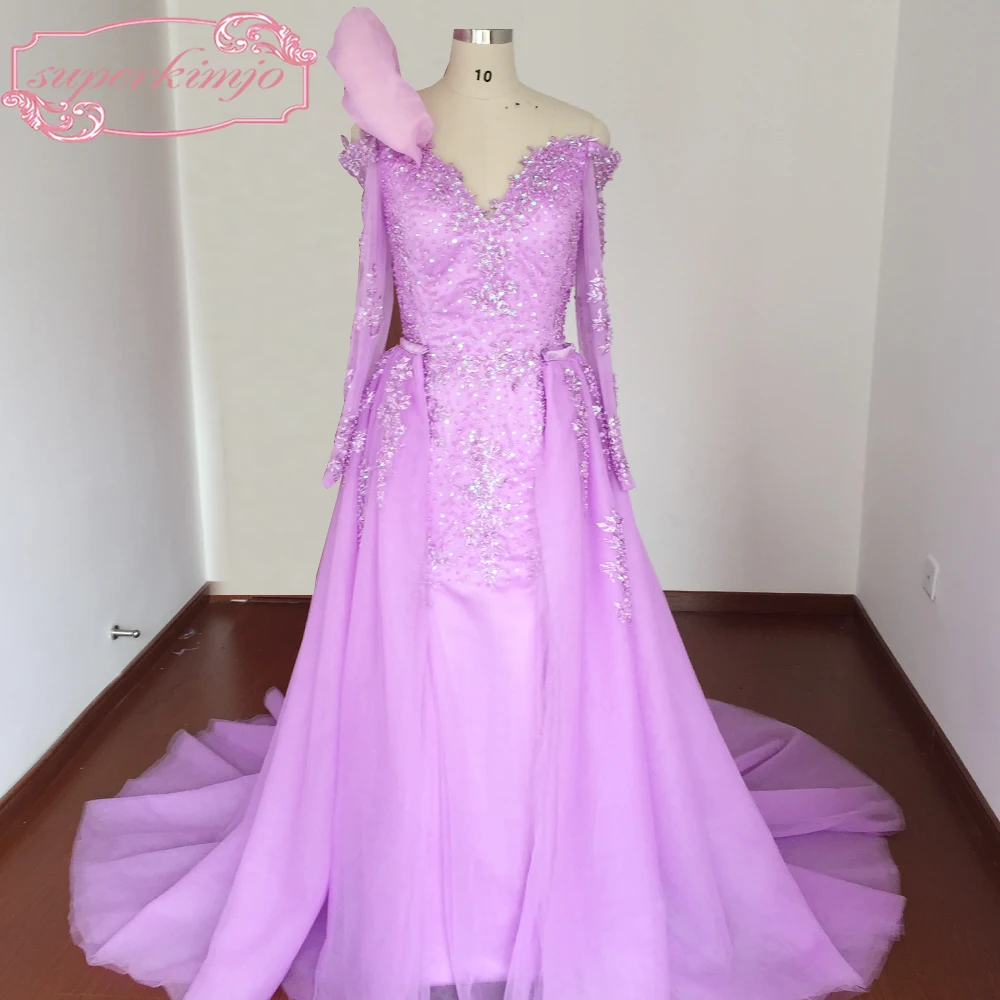 

Purple Prom Dresses Real Picture Sweetheart Neckline Lace Appliques Beading Sequins Pearls Detachable Train Evening Dresses