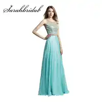 Aqua Long Evening Dresses Cheap In Stock Real Photos Beaded Jewel Neck A Line Prom Party Gowns Floor Length Chiffon LX411