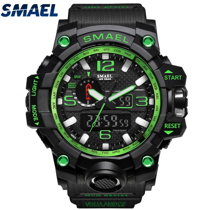 SMAEL мужские s часы лучший бренд класса люкс смола кварцевые светодиодный цифровые часы мужские повседневные водонепроницаемые спортивные наручные часы Мужские часы - Color: Black Green