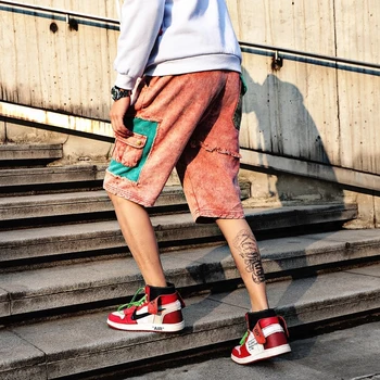 

2018 summer Japanese retro casual shorts boys tide hit color tooling shorts