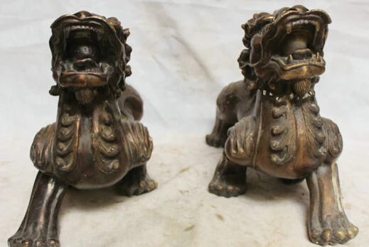

JP S0522 16" Chinese Bronze Folk Dragon Kylin Chi-lin Qilin Beast Statue sculpture Pair B0403