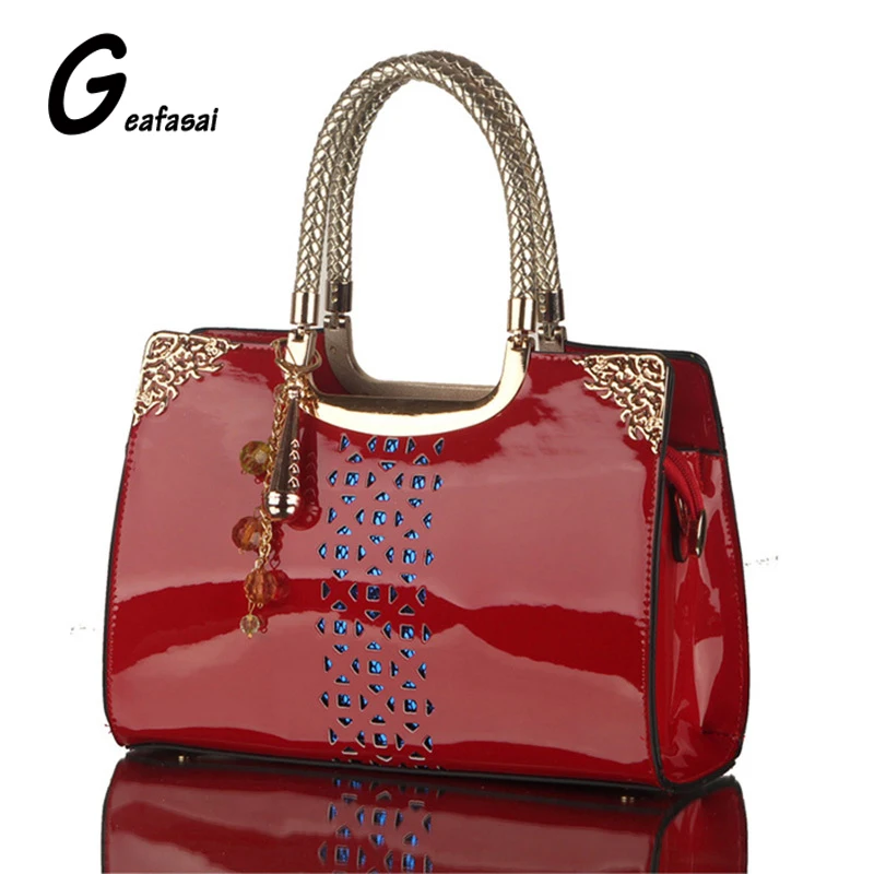 Brand red blue black Hollow out Glossy patent leather ladies boston top