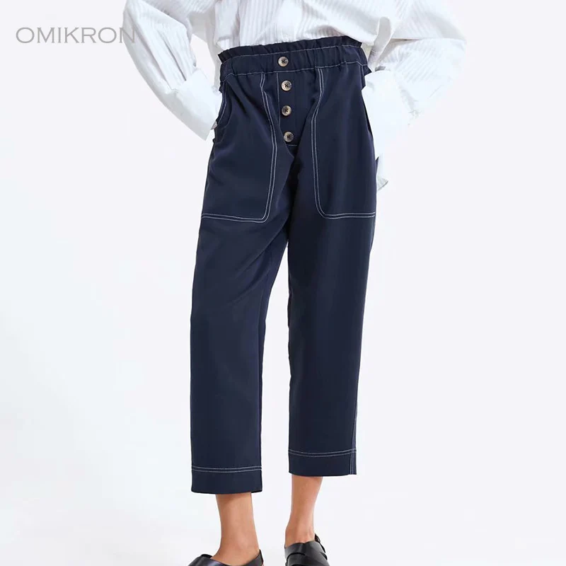 OMIKRON Новые Модные осенние женские Высокая талия Большой размер, эластичный пояс джинсовые джинсы женские свободные шаровары джинсы женские Джинсовая ткань брюки