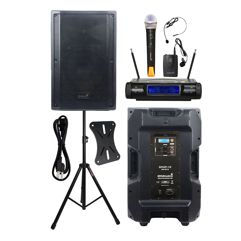 

STARAUDIO 15 Inch 4500W Stage Active Powered PA DSP DJ Speaker Karaoke PA Stand 2CH UHF Wireless Handheld Headset Mic SDSP-15