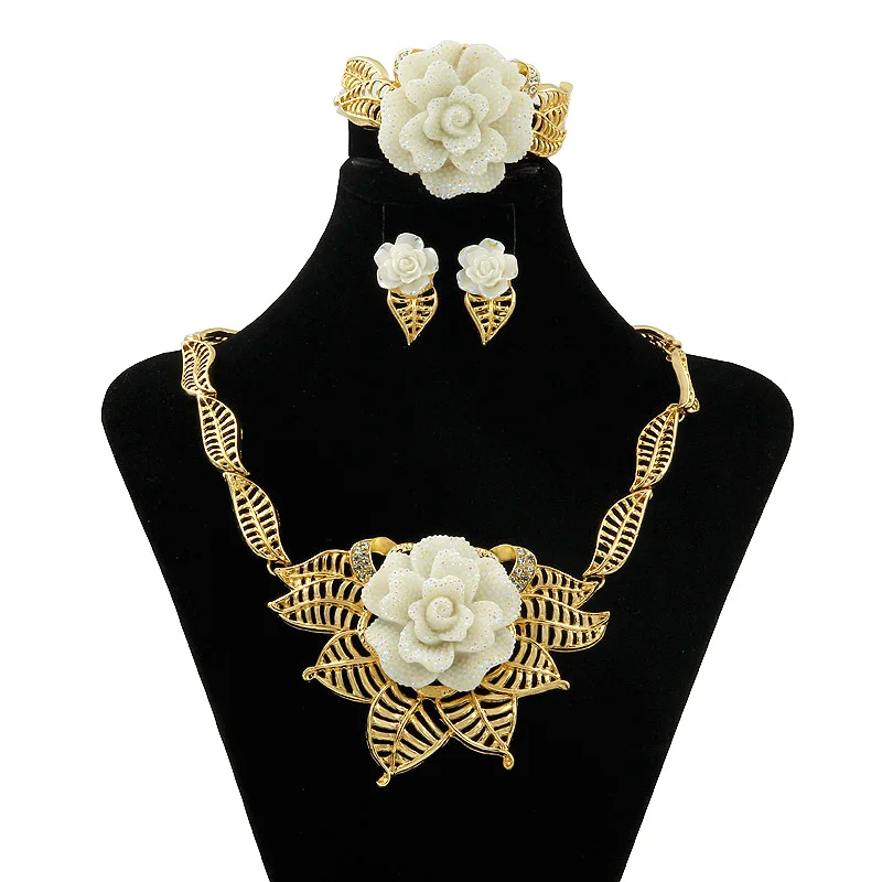 

2019 New Italian White Rose Bride Jewelry Set Africa Dubai Gold Jewelry Set Women Wedding Party Accessories Necklace Earrings