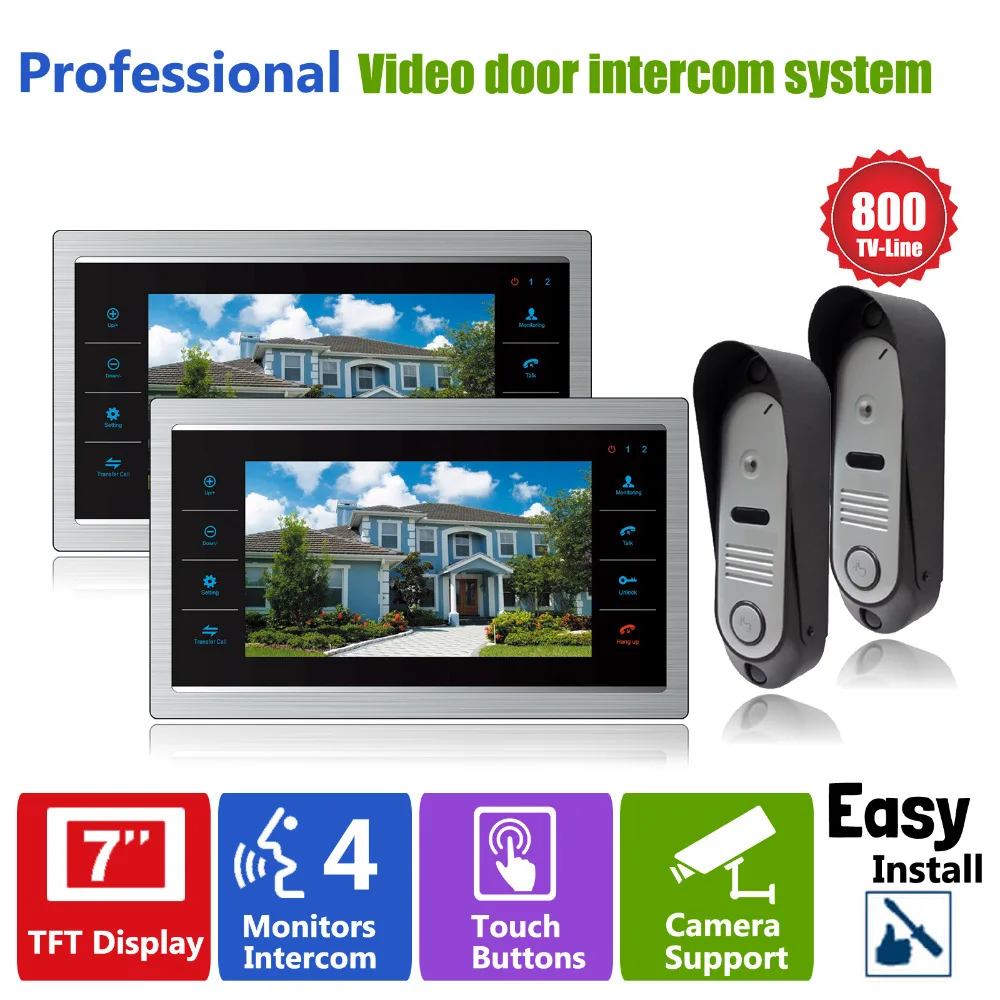 Homefong Video Door Phone Intercom Doorbell System 2V2 7 inch Monitor 800TVL HD Metal Waterproof Door Access Control System Wholesale Security & Protection