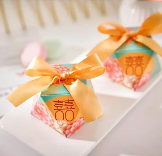 100 шт. оранжевый китайский "двойное счастье" Diamond Стиль свадебной коробка конфет вечерние возвращение подарок коробка из под Конфеты Шоколад Коробки