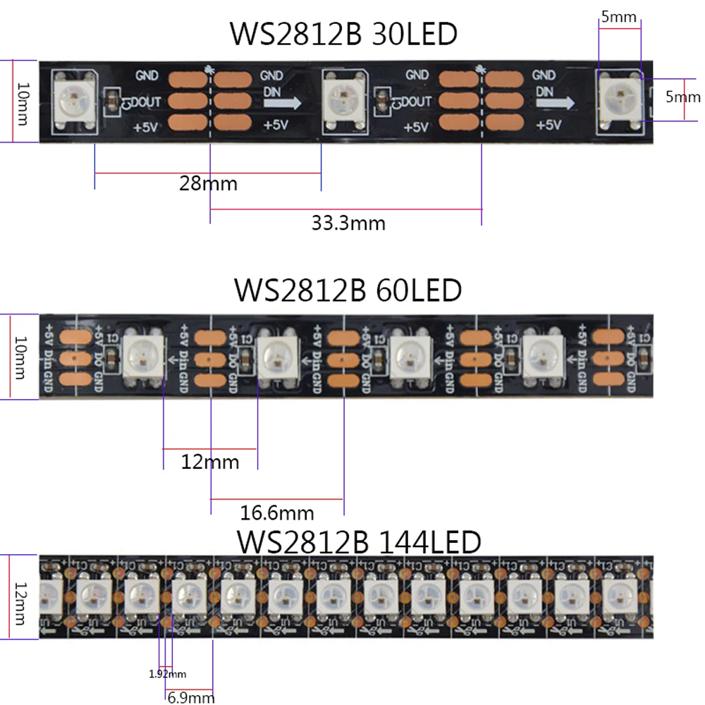 WS2812B Светодиодная лента 1-5m30/60/74/96/144 пикселей/светодиодов/м Smart 5050 RGB Светодиодная лента светильник, черный/белый PCB, WS2812 IC; IP30/IP65/IP67 DC5V