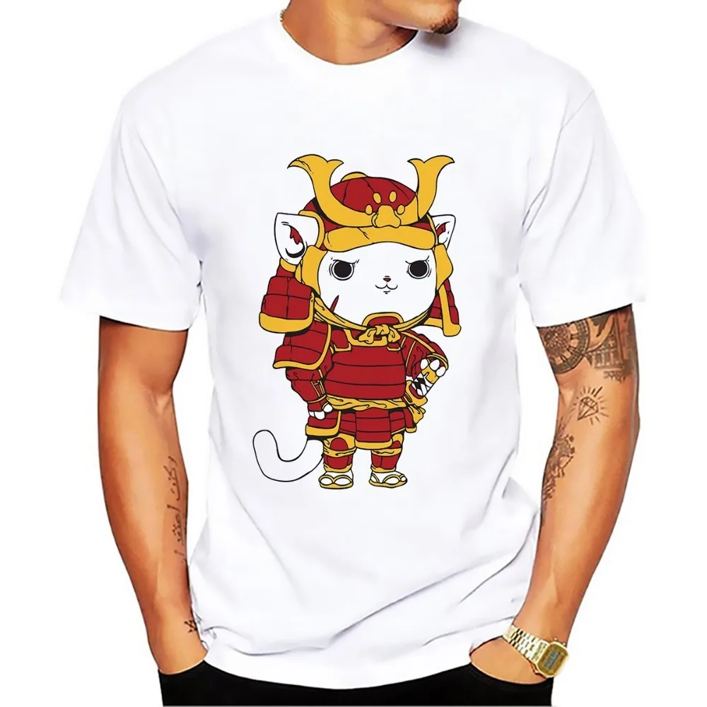 Мужская забавная футболка Janpan Samurai cat белая Повседневная дышащая с круглым