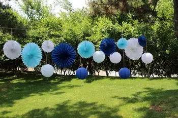 

Boy Baby Shower Decorations 15pcs White Navy Blue Baby Blue Paper Fans Paper Lanterns for Birthday Decor, Bridal Shower Decor