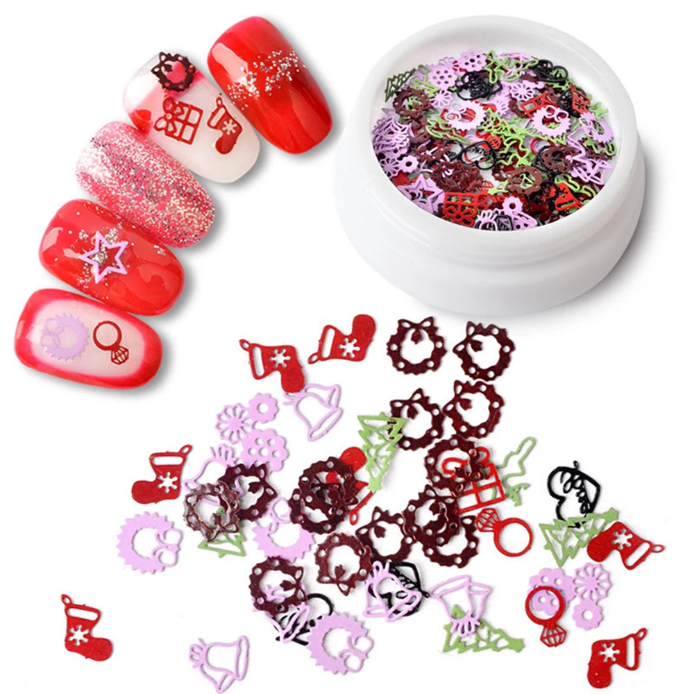 

1 Box 3D Colorful Bell Christmas Elk Snowflake Nail Art Decoration Sequins Metal Flakes Glitter Tips Manicure Accessories