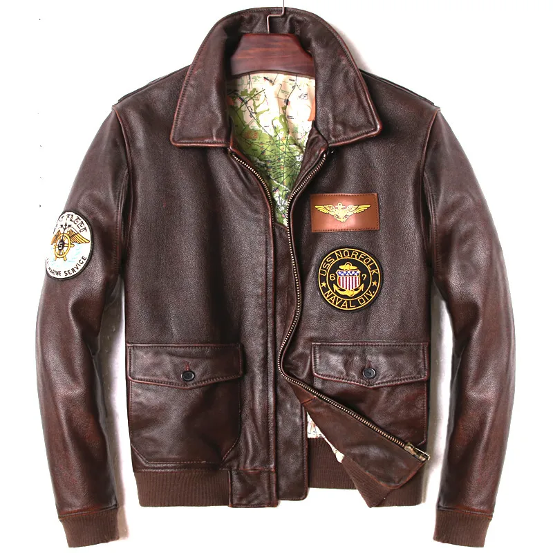

HARLEY DAMSON Vintage Brown Men Military Pilot Leather Jacket Wool Collar Plus Size XXXL Winter Russian Flight Leather Coat