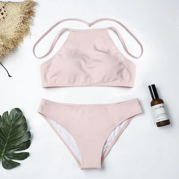 

2018 Sexy Pink Swimsuit Padded Halter Triangle Women 2 Pieces Swimwear Push Up High Neck Bikini Set Biquini Female Bathing Suit