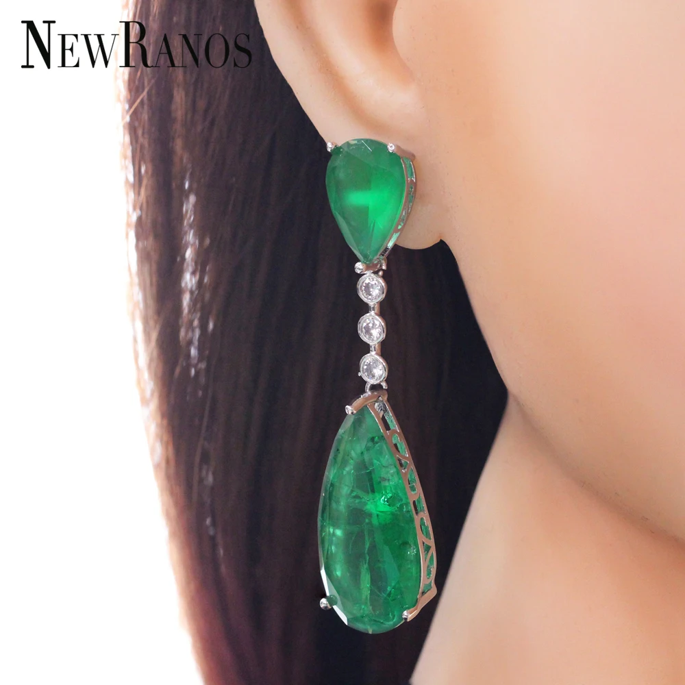 New Long earrings green fusion stone with AAA cubic zirconia water drop