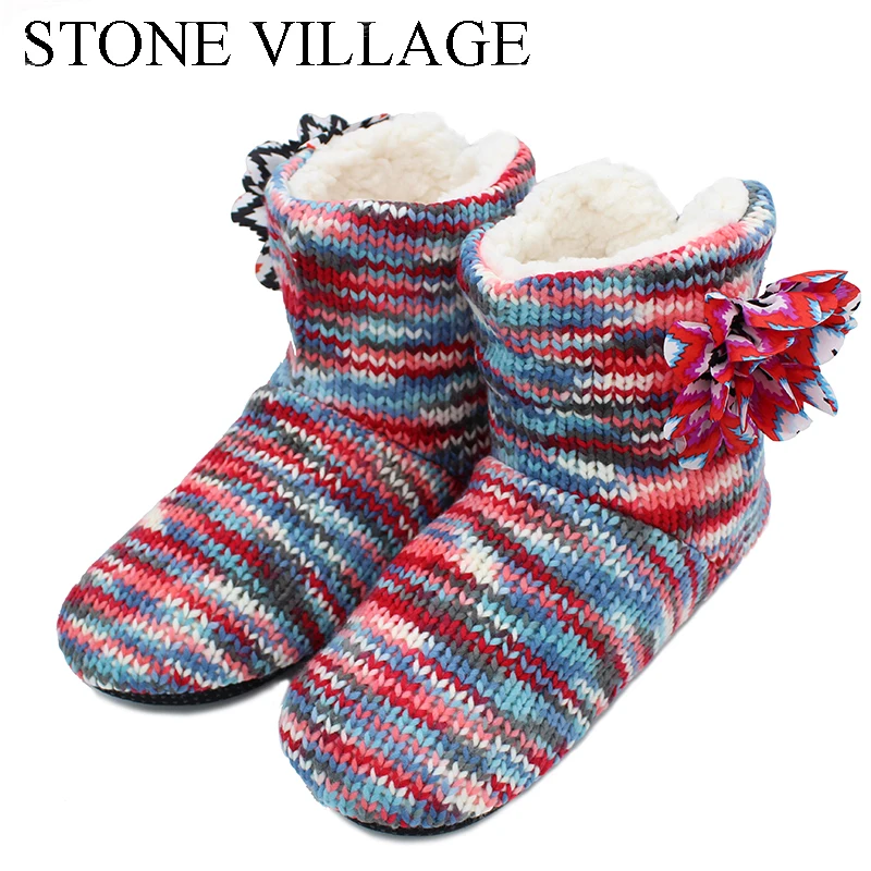 

STONE VILLAGE 2018 New Arrival Rainbow-Colored Large Flowers Cute Candy Lady Slippers Cotton Velvet Shoes Woman Slippers Shoes