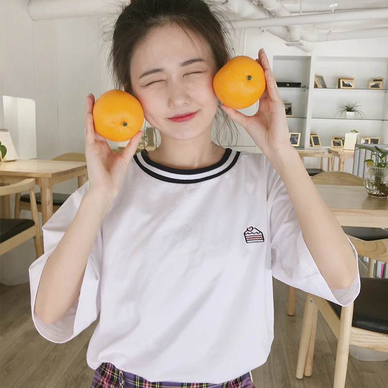 Korea Harajuku T shirt College Style Threaded Collar T shirt Cake
