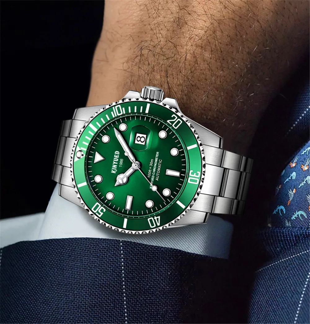 KINYUED часы известного бренда роскошные мужские светящиеся автоматические механические часы из нержавеющей стали водонепроницаемые светящиеся часы