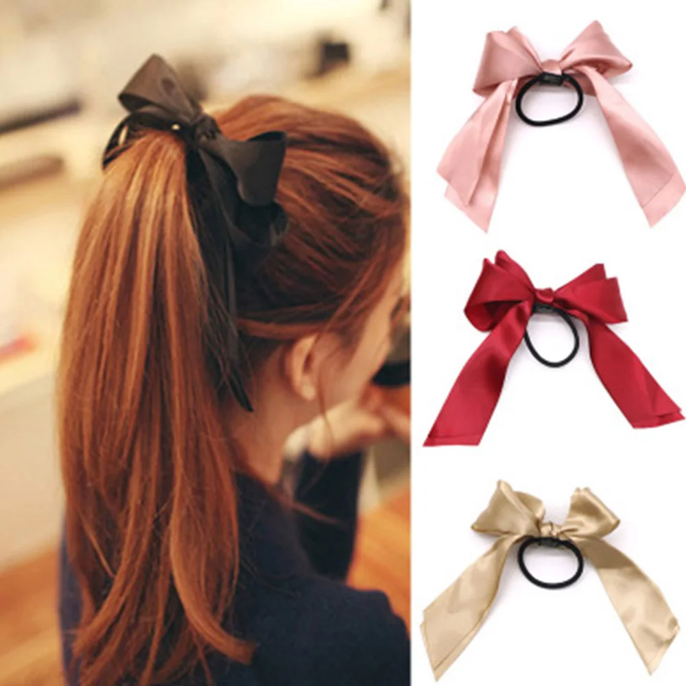 hair bow for ladies Women Rubber Bands Tiara Satin Ribbon Hair Bow Elastic Hair Band Rope Scrunchies Ponytail Holder Gum for Girls Hair Accessories claw hair clips