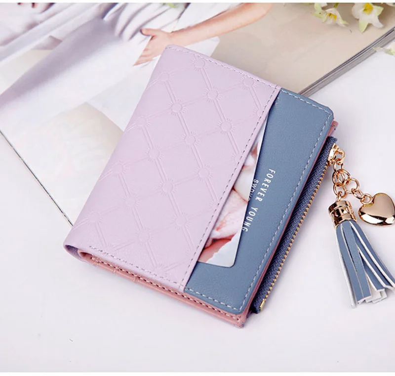 Women Wallet Female Short Paragraph Coin Purse Color Wallet Women Small Fold Wallets Tassel Zipper Button Bag Credit Card Holder (14)