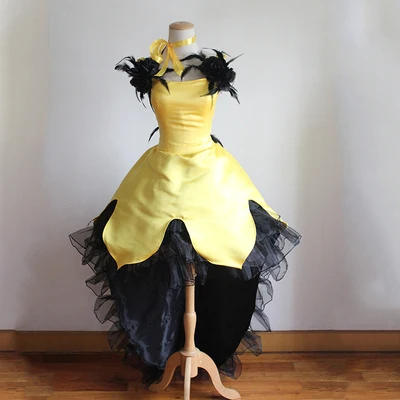 

yellow 3d flower petals black ruffled cartoon cosplay dress can customs size