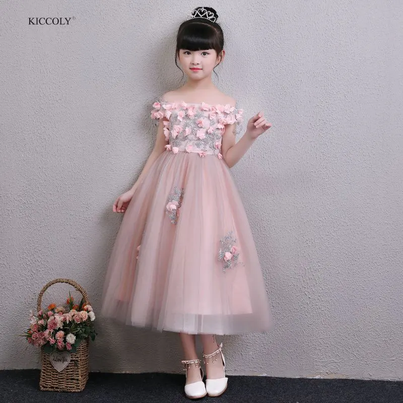 

KICCOLY New Dress 2018 Applique Beaded Baby Flower Girl Wedding Dress Fluffy Gown Birthday Shoulderless Tutu Party Dress 1-14Y