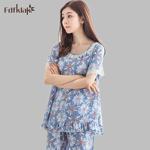 

Pyjamas women coton plus size pajamas cotton short sleeve summer pajama sets vintage print home suit pijamas mujer A716