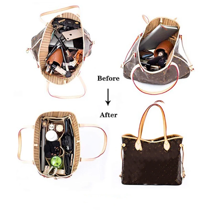 Customizable Felt Tote Organizer Bag w/Milk Water Bottle Holder)Neverfull MM GM PM Speedy 30 25 35 40 Purse organizer Insert Bag 6
