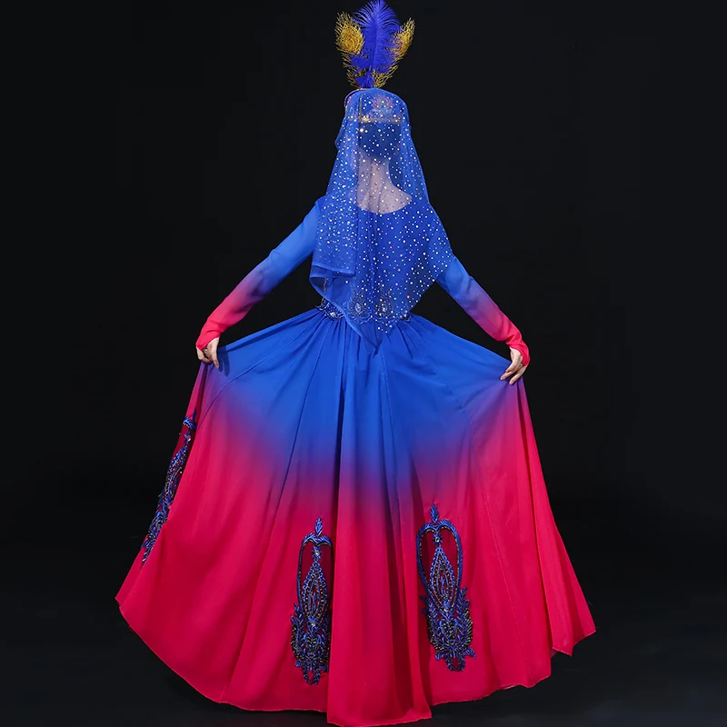 Мусульманское танцевальное платье для индийского танца Синьцзян женский костюм для танцев Uygur представление костюм Китайский народный танцевальный костюм