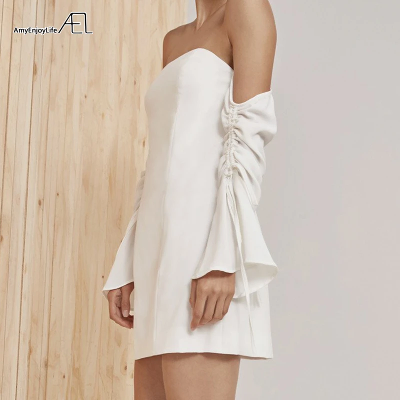 AEL, белое мини-платье, женское, сексуальное, с вырезом лодочкой, с открытыми плечами, платья карандаш, бюстгальтер, Backelss, летняя женская одежда для свадьбы