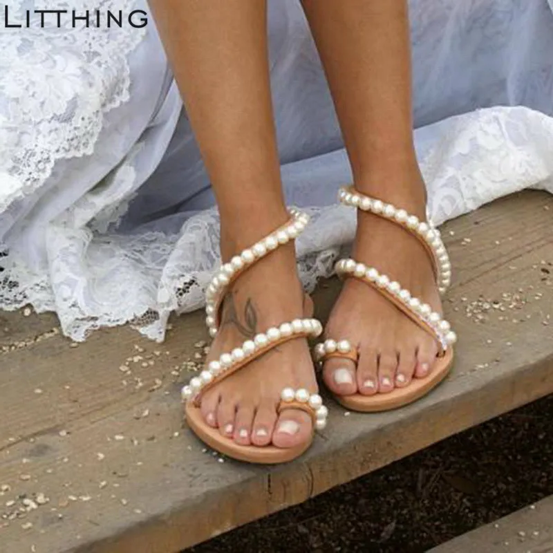 

Litthing Summer Shoes Flat Pearl Sandals 2019 Casual Shoes Bohemia Women Shoes New Fashion Beach Sandals Solid Woman Flip Flops