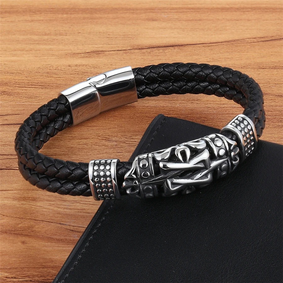 XQNI Punk Style Ancient Architecture Totem Elegant Small Adorn Article Genuine Leather Bracelet Double Layer Hand Jewelry Gift