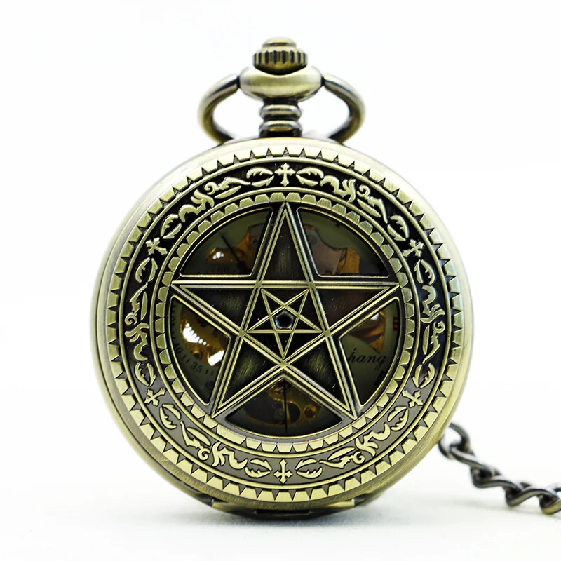 

Creative Classic Five-Pointed Star Hollow Bronze Clamshell Fully Automatic Mechaincal Pocket Watch for Men Women PJX1166