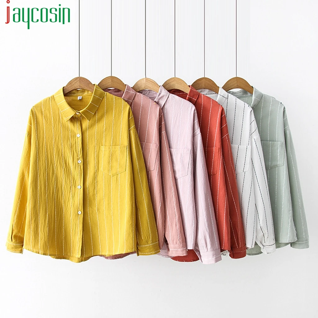 

Elegant blouse Women cotton casual striped Shirts pocket plus size loose long sleeve Ladies Top lapel button femme manche longue