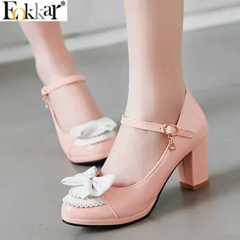 

Eokkar 2019 Women Patent Leather Mary Jane Pumps Square High Heel Bow Women Shoes All Match Platofrm Ladies Pumps Size 34-43