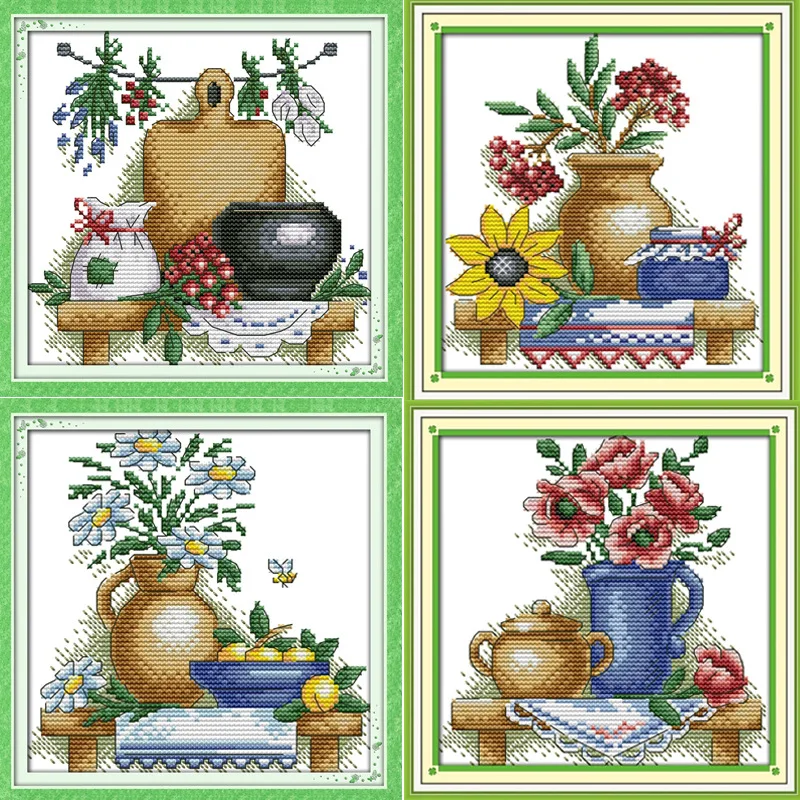 The beautiful teapot with flowers Printed on Canvas DMC Counted Cross